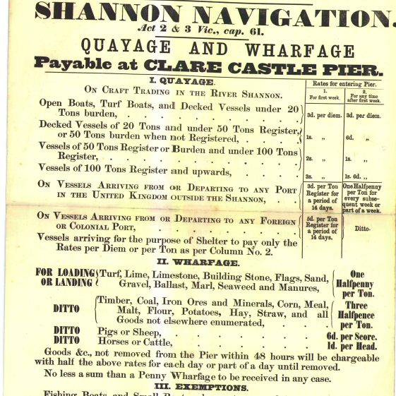 Notice_ charges payable at Clare Castle Pier 1873 | With permission: archive.waterwaysireland.org