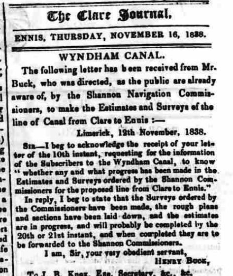 Wyndham Canal | Clare Journal 16 Nov. 1838