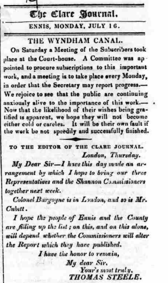 Wyndham Canal | Clare Journal 16 July 1838